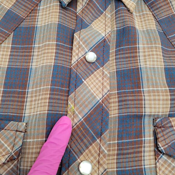 Vintage 80s Shadow Plaid Pearl-Snap Shirt M 19x29 Shirttail - Picture 3 of 16